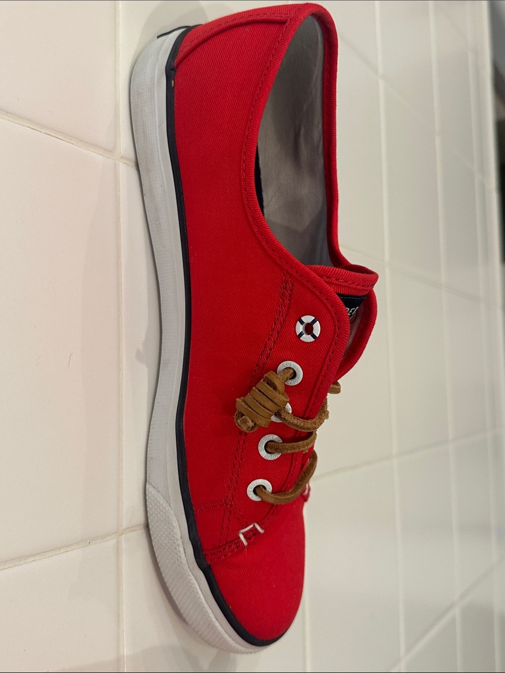 Sperry Red Canvas Boat Shoes with leather Laces - Picture 5 of 8